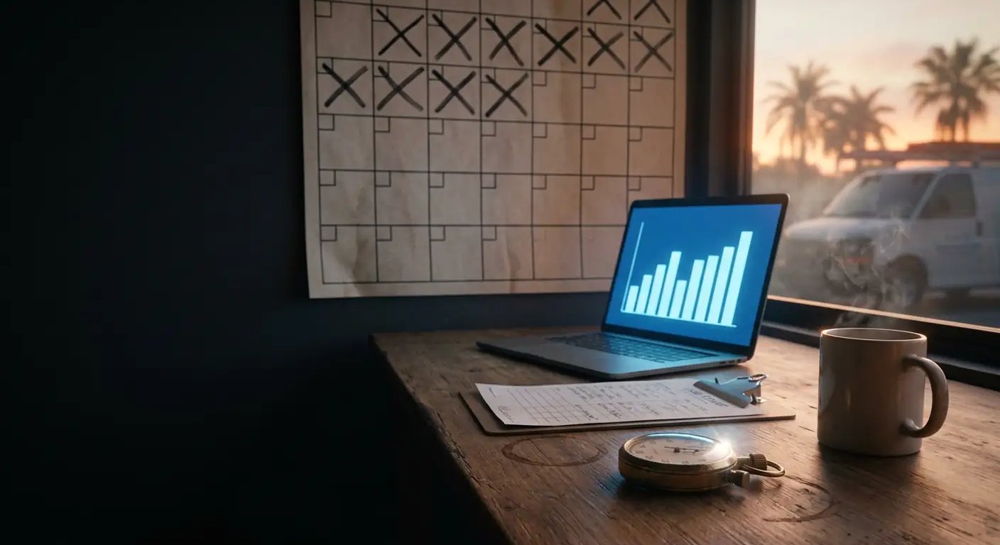 A worn wooden desk at sunrise with a brass stopwatch, a laptop showing a rising blue bar chart, a coffee mug, and a wall calendar with the first days crossed off.